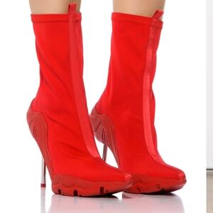 AZALEA WANG WILBER BOOTIE WITH STRETCH NEOPRENE IN RED 7.5